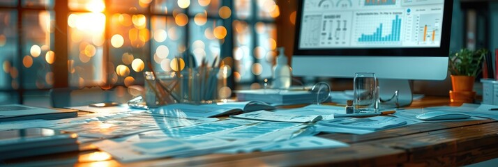Aufkleber - Modern research with lot of papers and a monitor, charts and diagrams. Generative AI.