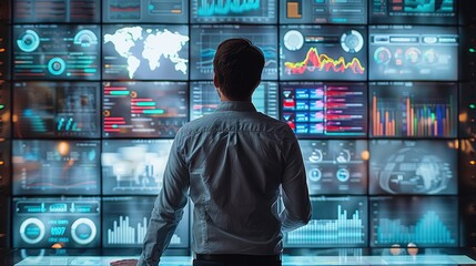 Poster - Rear view. Man looking at a large screen, which contains digital marketing graphs, such as turnover, income, development. Generative AI.