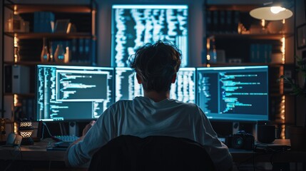 Poster - Person in front of monitor writing programming code. Generative AI.