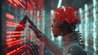 A conceptual 3D image explores the connection between business, technology, and the future, depicting a person with binary code, another navigating a digital tunnel
