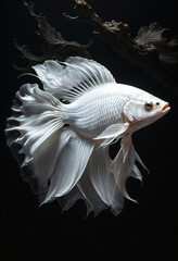 Wall Mural - White fighting fish on black background