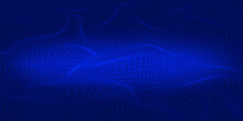 Backdrop Design Dark Blue On Surface Bumpy. Mesh Wave Pattern And Moving Lines On Blue Background. Digital Science And Modern Technology.
