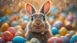 A cute bunny rabbit among colorful easter eggs in a fancy background. Can be used as a postcard image, or poster to celebrate Easter Day.