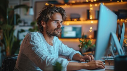 Poster - Man working behind pc. Generative AI.