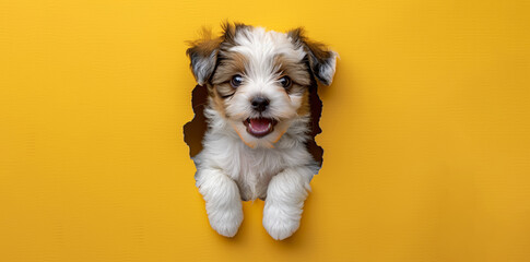 Funny smiling dog climbs out of hole in colored background. Wide angle horizontal wallpaper or web banne