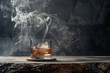 Smoked Elegance: Capture the ethereal wisps of smoke rising from a smoldering piece of wood, adding depth and complexity to a cocktail in a minimalistic style,