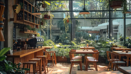 Wall Mural - Mid-century modern interior design coffee shop with outdoor garden. Generative AI.