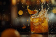 Citrus Splash: A minimalist shot focusing on the moment when a citrus peel is being twisted over a cocktail, releasing its aromatic oils, against the backdrop of the atmospheric di
