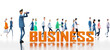 Businessman stay next to BUSINESS word and looking with binoculars, blur of business people walking at background and copy space at white. 3D rendering. 