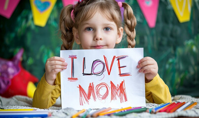 little girl kid showing paper written I Love Mom. scribble sketch crayon coloring pencil drawing. mother's day concept.