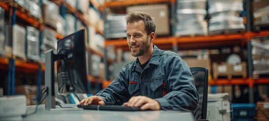 Aufkleber - Happy gray uniformed HVAC technician using his computer at a desk in a warehouse, having a video conference with a customer. Generative AI.