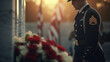 Veteran honoring Tomb of the Unknown Soldier with flowers and American flag