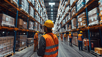 Aufkleber - Group of warehouse workers engaged in safety training, wearing protective gear and practicing safe procedures. Generative AI.