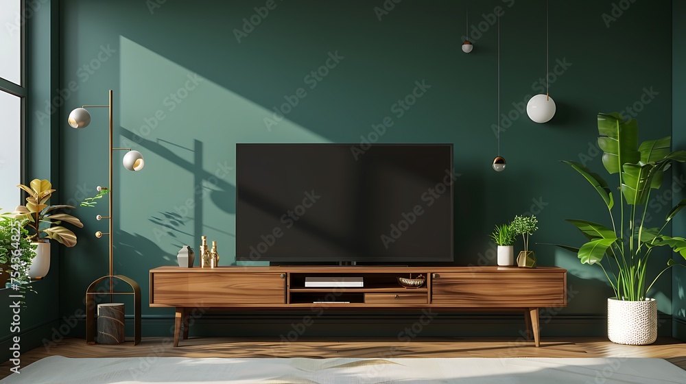 Living room with cabinet for tv on dark green color wall background ...
