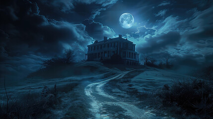 Wall Mural - A mansion sitting on top of a hill with a long winding driveway, dark night, moon. Generative AI.