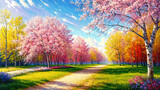Fototapeta  - Idyllic spring landscape, beautiful trees with colorful leaves, countryside landscape oil painting on canvas background.