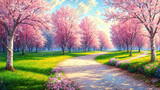 Fototapeta Na sufit - Idyllic spring landscape, beautiful trees with colorful leaves, countryside landscape oil painting on canvas background.