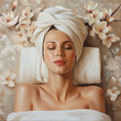 Beautiful young woman with a towel on her head lying in a spa salon