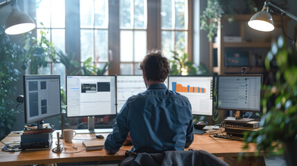 Fototapete - Rear view. Male agency working hard to optimize their client's campaigns in a bright airy studio. Generative AI.