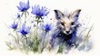 © Victor - Adorable young fox in beautiful fields of blooming bluebells, charming watercolor illustration