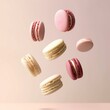 A group of colorful macaroons soaring through the air, defying gravity in a whimsical display of movement