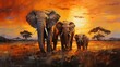 A breathtaking painting depicting a family of majestic elephants traversing the vast savannah at dusk, golden sunlight casting long shadows