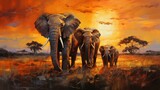 Fototapeta  - A breathtaking painting depicting a family of majestic elephants traversing the vast savannah at dusk, golden sunlight casting long shadows