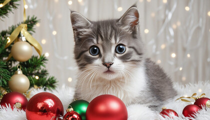 Wall Mural - Lovely kitten with funny face surrounded by Christmas ornaments and Christmas balls