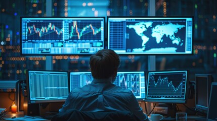 Aufkleber - Men sitting in front of a computers, trading graphs monitors, blue light. Generative AI.