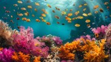 Fototapeta Do akwarium - Underwater paradise of a vibrant coral reef teeming with colorful tropical fish and marine life in clear blue ocean water.