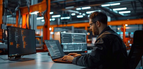 Engineer or technician are working on a computer on background of heavy industry