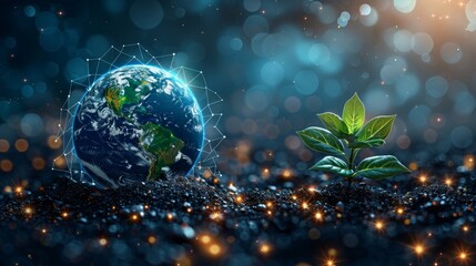 Aufkleber - Blue planet Earth with green plants sprouting over it. Low poly style design. Geometric background. Wireframe light connection structure. Modern 3D graphic design.  illustration.