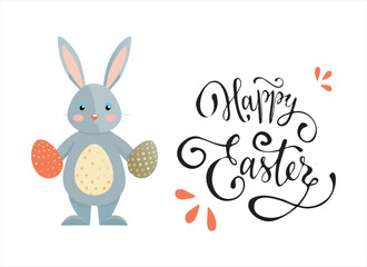 Canvas Print - easter bunny with eggs and happy easter lettering