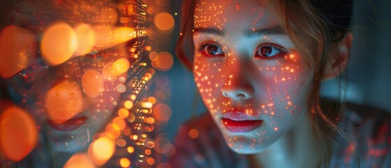 Aufkleber - In this image, a woman is using a modern computer surfing the internet and looking into the future metaverse with innovative technology and big data.