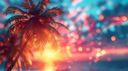 Canvas Print - Tropical Palm Trees At Sunset With Vintage Tone And Bokeh Effect - Summer Vacation