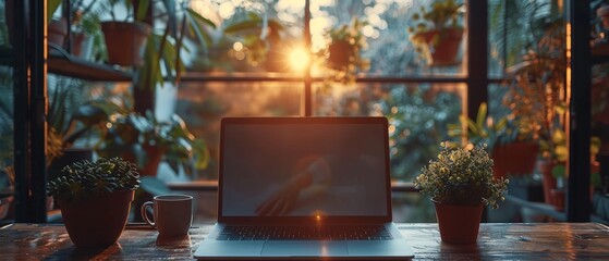 Aufkleber - As a concept, a close up shot of a businessman working on a laptop computer with a blank screen on a wooden desk
