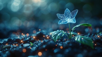 Leinwandbilder - Various blue plants growing from a pile of coins. Making money concept. Low poly style design. Blue geometric background. Wireframe light connection structure. Modern 3D graphic.  illustration.