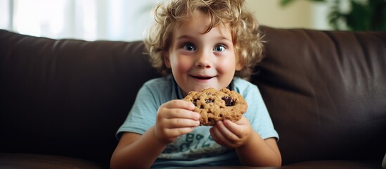 A little boy is sitting on a couch, indulging in a cookie. The child seems content and focused on enjoying the treat.