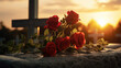 Sunset Serenity: Red Roses Adorn Winter Graveside

