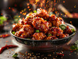 Delicious General Tso's chicken photography, explosion flavors, studio lighting, studio background, well-lit, vibrant colors, sharp-focus, high-quality, artistic, unique
