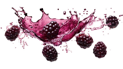 Boysenberry sliced pieces flying in the air with water splash isolated on transparent png.
