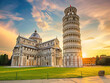 Iconic leaning tower in Italy, illuminated at night against a dark sky. Bell tower landmark.