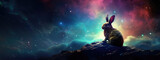 Fototapeta Przestrzenne - Rabbit with cosmic background with space, stars, nebulae, vibrant colors, flames; digital art in fantasy style, featuring astronomy elements, celestial themes, interstellar ambiance