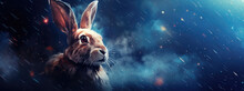 Rabbit With Cosmic Background With Space, Stars, Nebulae, Vibrant Colors, Flames; Digital Art In Fantasy Style, Featuring Astronomy Elements, Celestial Themes, Interstellar Ambiance