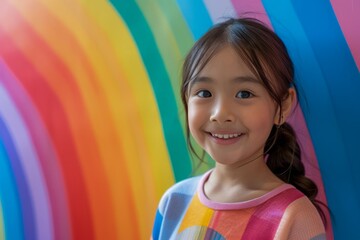 Joyful Young Girl Smiling in Front of Colorful Rainbow Background, Bright and Cheerful Kid Portrait, Child Happiness Concept