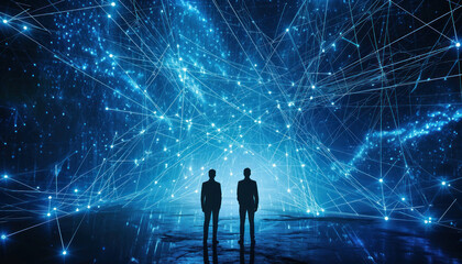 Futuristic network of lines and stars illuminating two men in the darkynchronization of human presence and cosmic connection