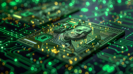 close-up of a computer chip merged with a dollar bill, symbolizing the intersection of technology and finance