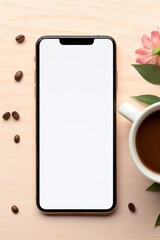 Wall Mural - Top view, Flat lay Minimalistic photo, Smartphone layout with white screenup, latte, coffee beans on a light wooden background. Mobile phone, Modern Technologies, Applications, Advertising concepts.