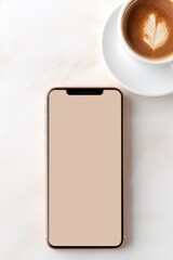 Wall Mural - Top view, Flatlay Minimalistic Smartphone layout with a blank screen, copy space, latte, coffee on an aesthetic white background. Mobile phone, Modern Technologies, Applications, Advertising concepts.