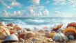 Beach landscape with shells and conches summer background, summer holiday, tour day, Generative Ai